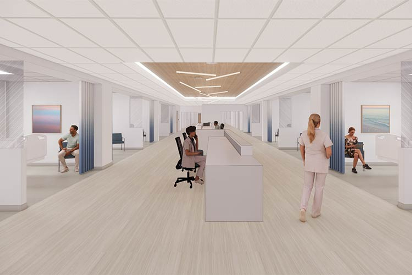 Artistic rendering of the Hospital for Endocrine Surgery interior hallway with patient care rooms and a central nurse station.