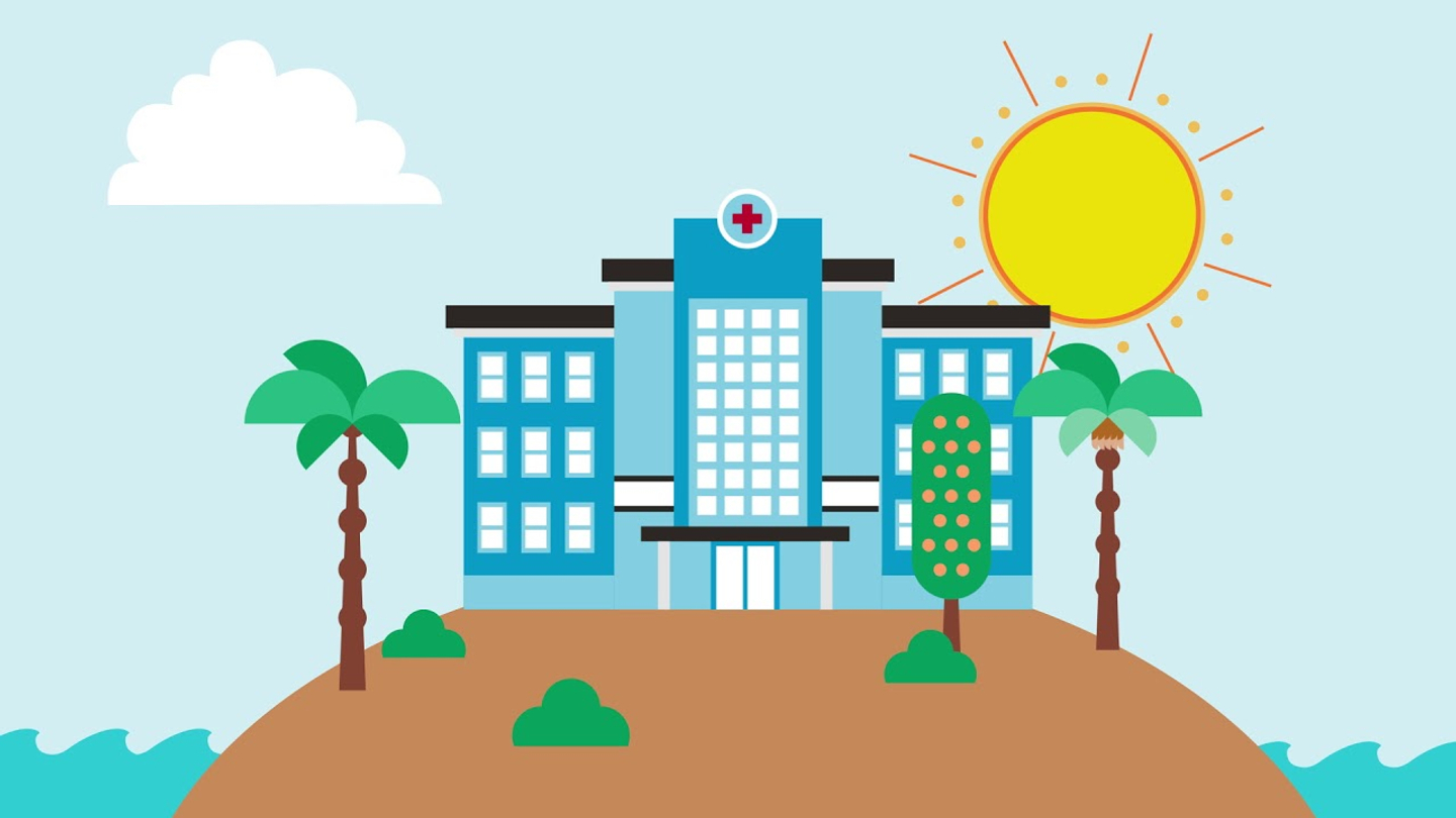 Animated image of a hospital building atop an island with palm trees and water surround it.
