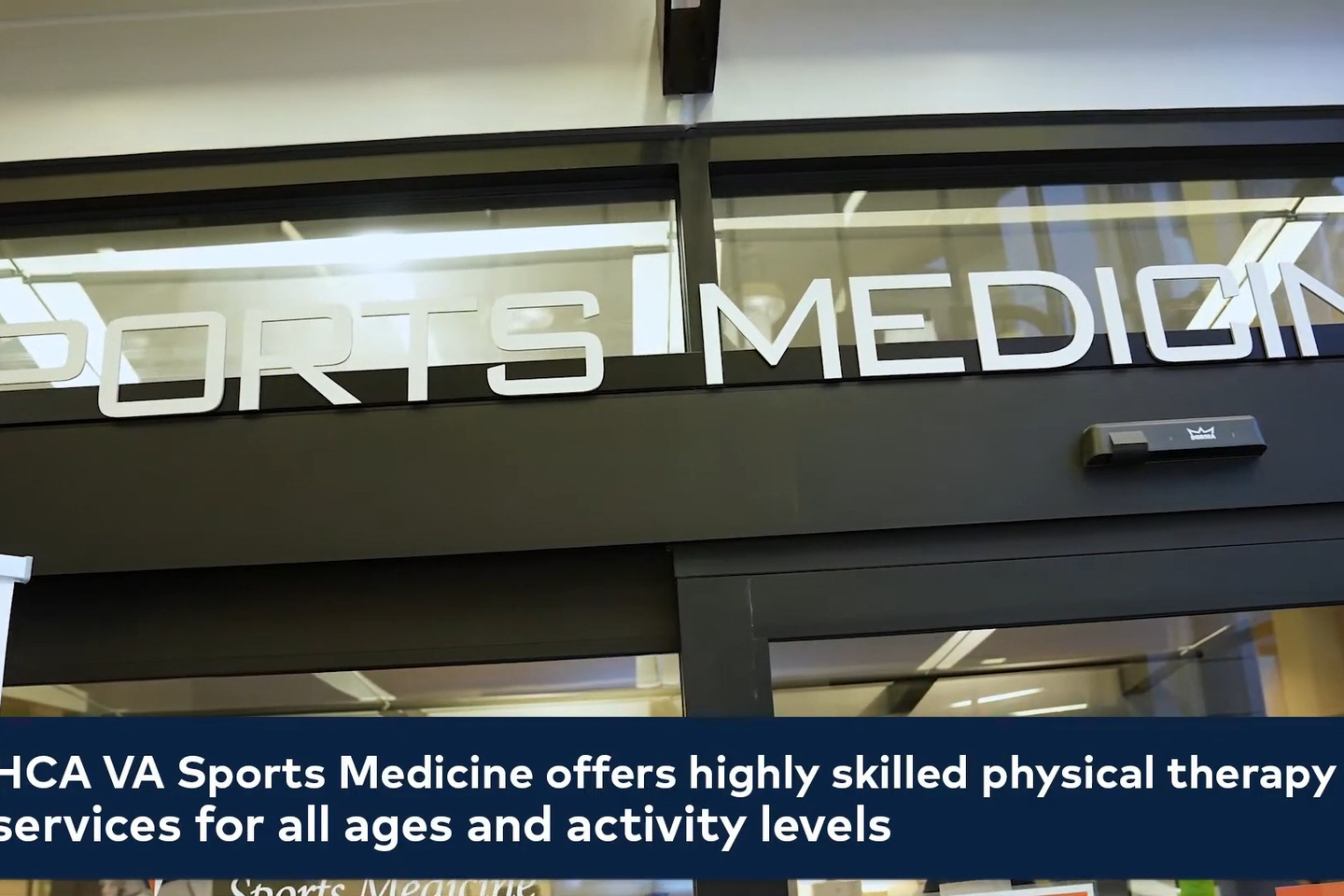 Exterior of Chippenham Hospital Sports Medicine center. Text at the bottom of the screen reads, "HCA VA Sports Medicine offers highly skilled physical therapy services for all ages and activity levels."