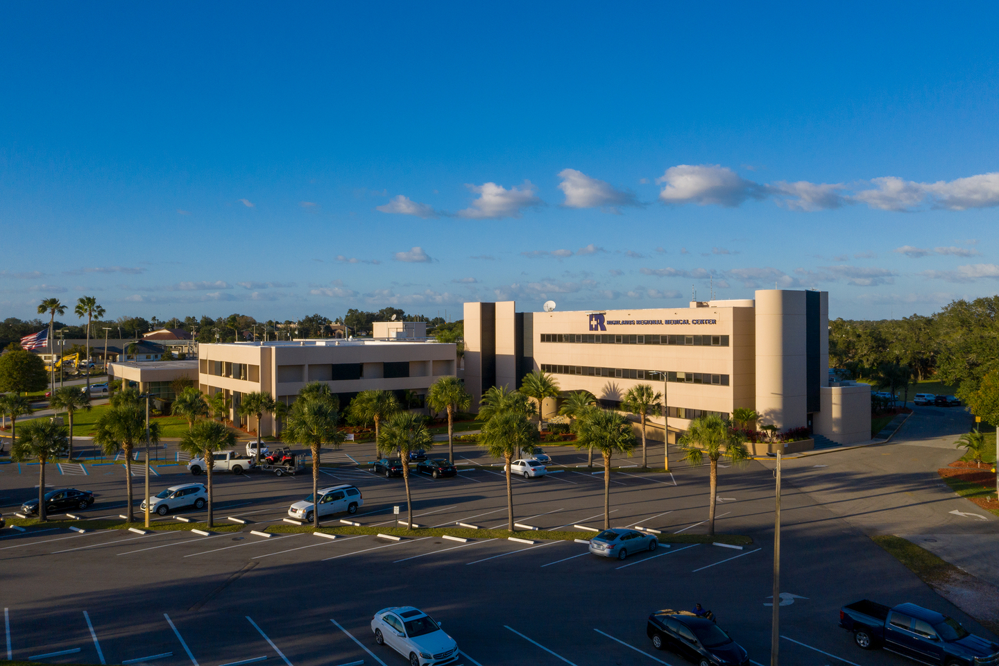 An aerial, exterior view of HCA Florida Highlands Hospital.