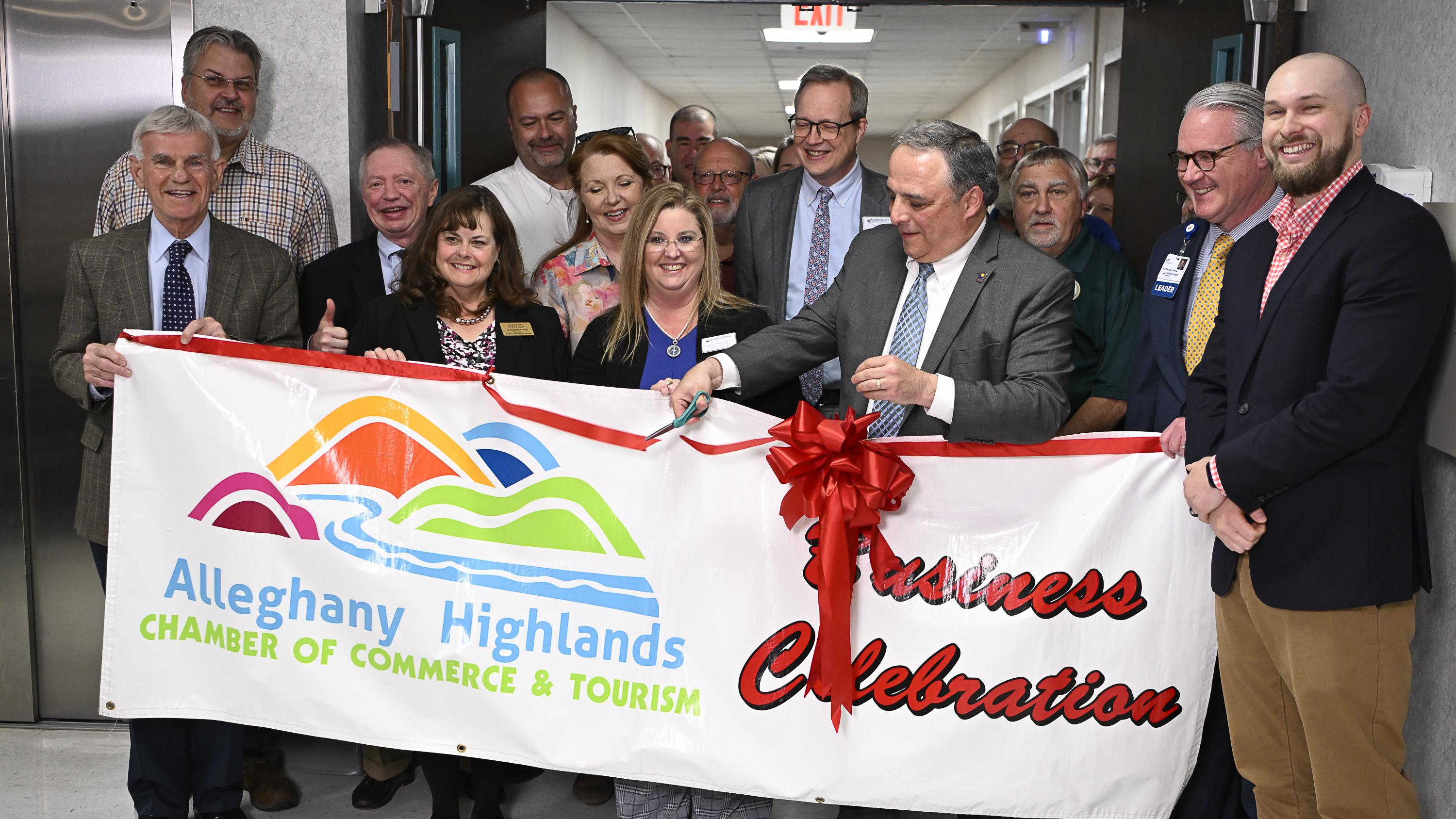 Members of the Alleghany Highlands community gather at LewisGale Hospital Alleghany for a ribbon cutting ceremony to celebrate the new Medical Laboratory Technology program.