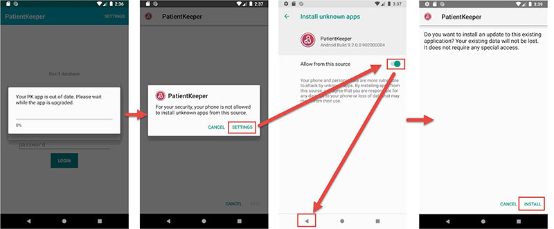 Screenshots of steps to update PatientKeeper security settings for Android devices.