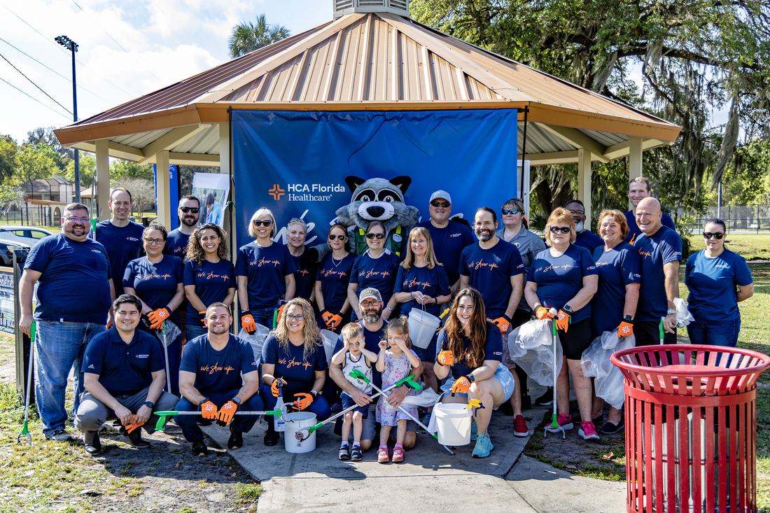 As part of We Show Up for Our Communities Week, colleagues from HCA Florida Ocala Hospital and HCA Florida West Marion Hospital came together to support the City of Ocala Parks and Recreation by helping clean up Tuscawilla Park.