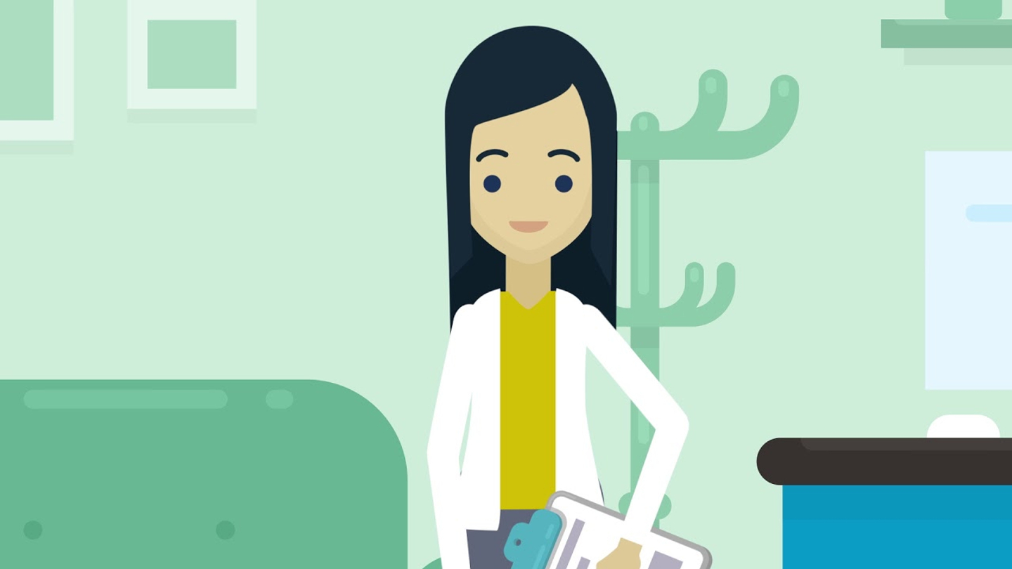 An animated female doctor holding a clipboard while standing in an exam room