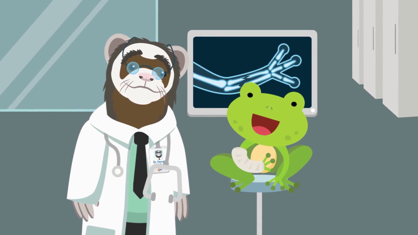 A graphic of Hoppy the Frog and Dr. Ferret smiling after Hoppy was given a cast for his broken arm.