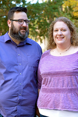 Michelle and Jason Kovalik before their weight loss journey, standing together outdoors.