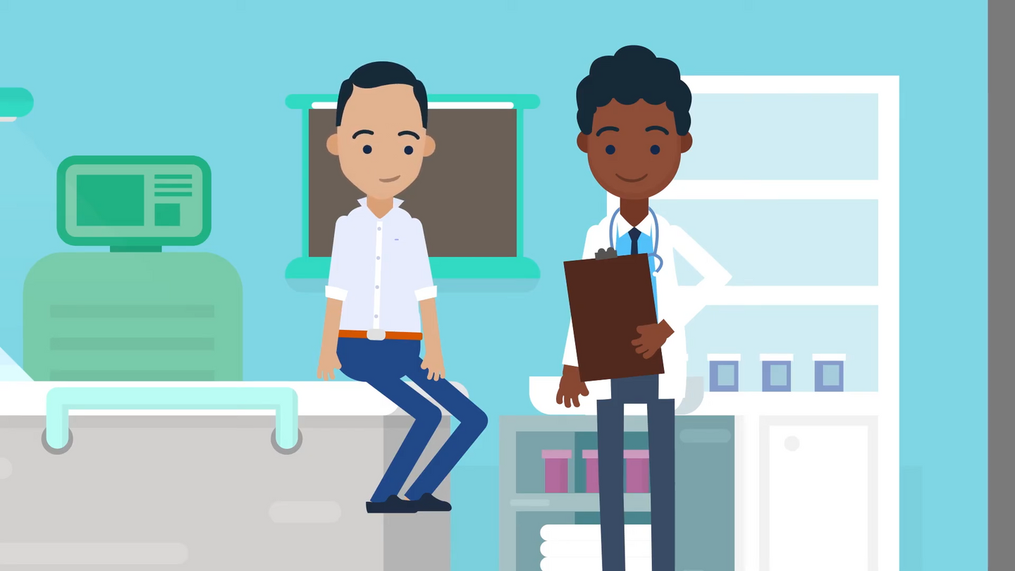 An illustration of a male patient in an exam room, sitting on an exam table, with a doctor standing beside him, holding a clipboard.