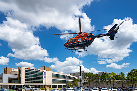 An HCA Houston Healthcare AirLife helicopter prepares to land at the hospital’s helipad.