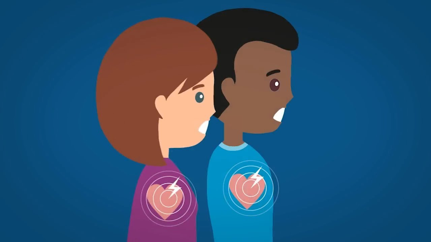 Illustration of a man and woman experiencing heart attack symptoms.