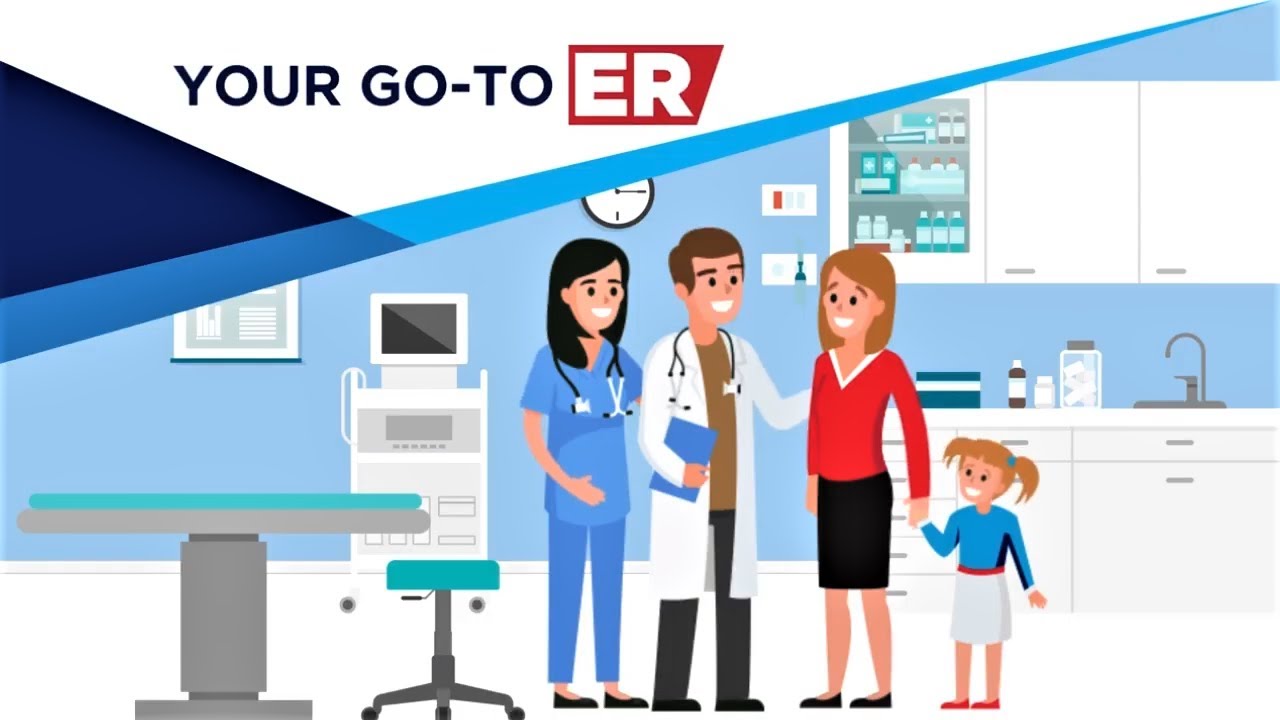 Graphic of a mother holding her daughters hand while talking to a doctor and a nurse in an emergency room.