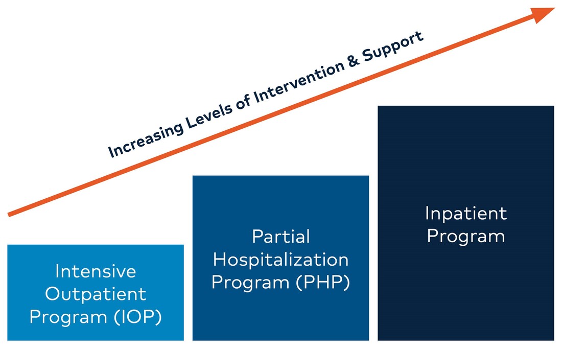Increasing levels of intervention and support - intensive outpatient program (IOP) - partial hospitalization program (PHP) - inpatient program