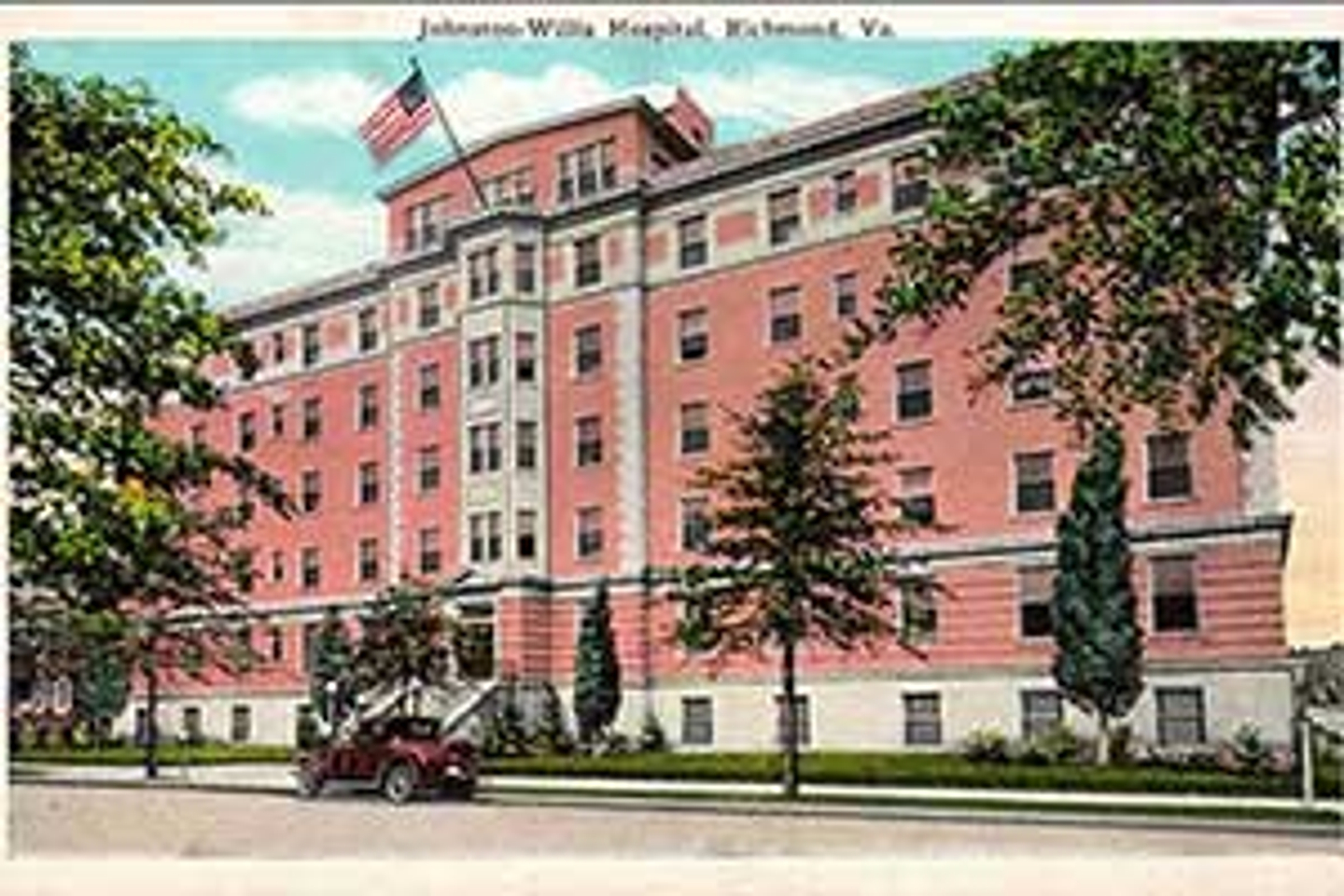 An illustration of the exterior view of the original Johnston-Willis Hospital with text above that reads, 
