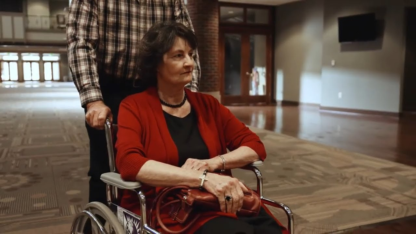 Barbara Rowland in a wheelchair.