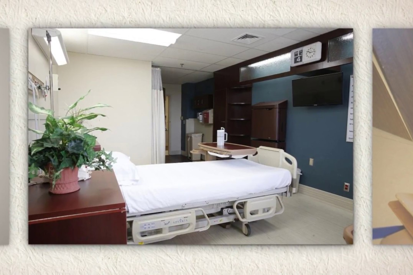 The interior of a the inpatient rehab hospital room with a bed, dressers, television and house plant on the dresser next to the bed.