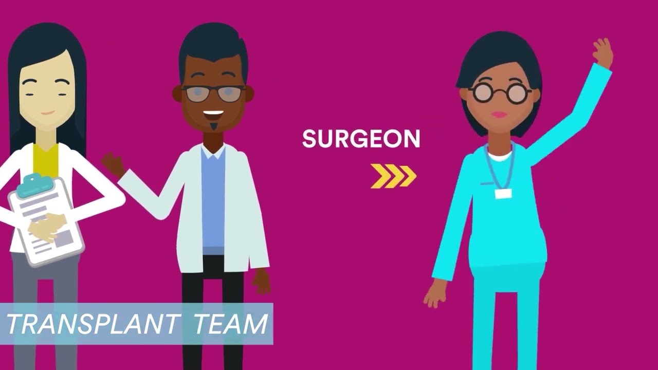 Graphic showing three people, two on a transplant team and one is a surgeon.