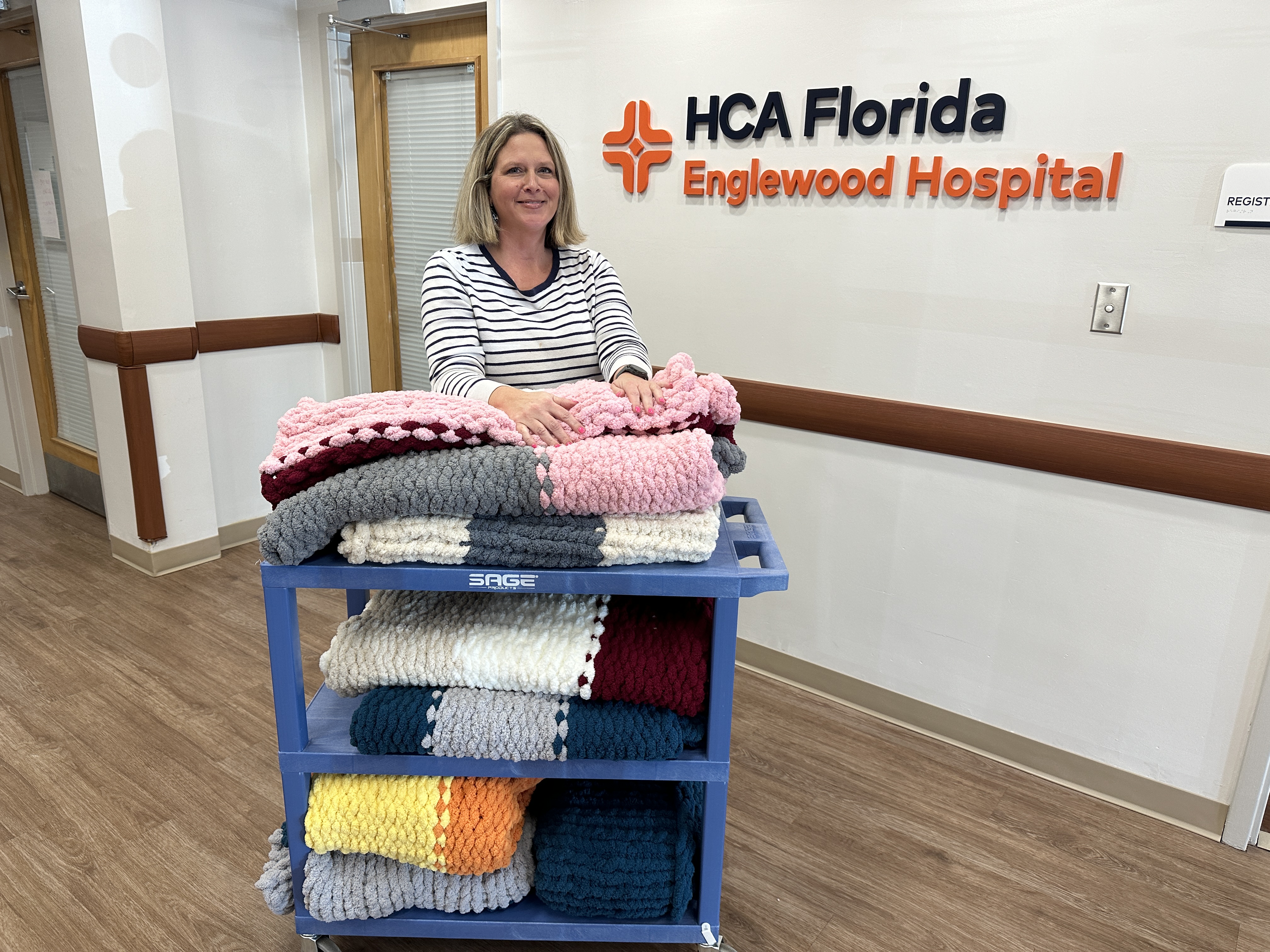 Angela Thomas shared handmade blankets with patients at HCA Florida Englewood Hospital.