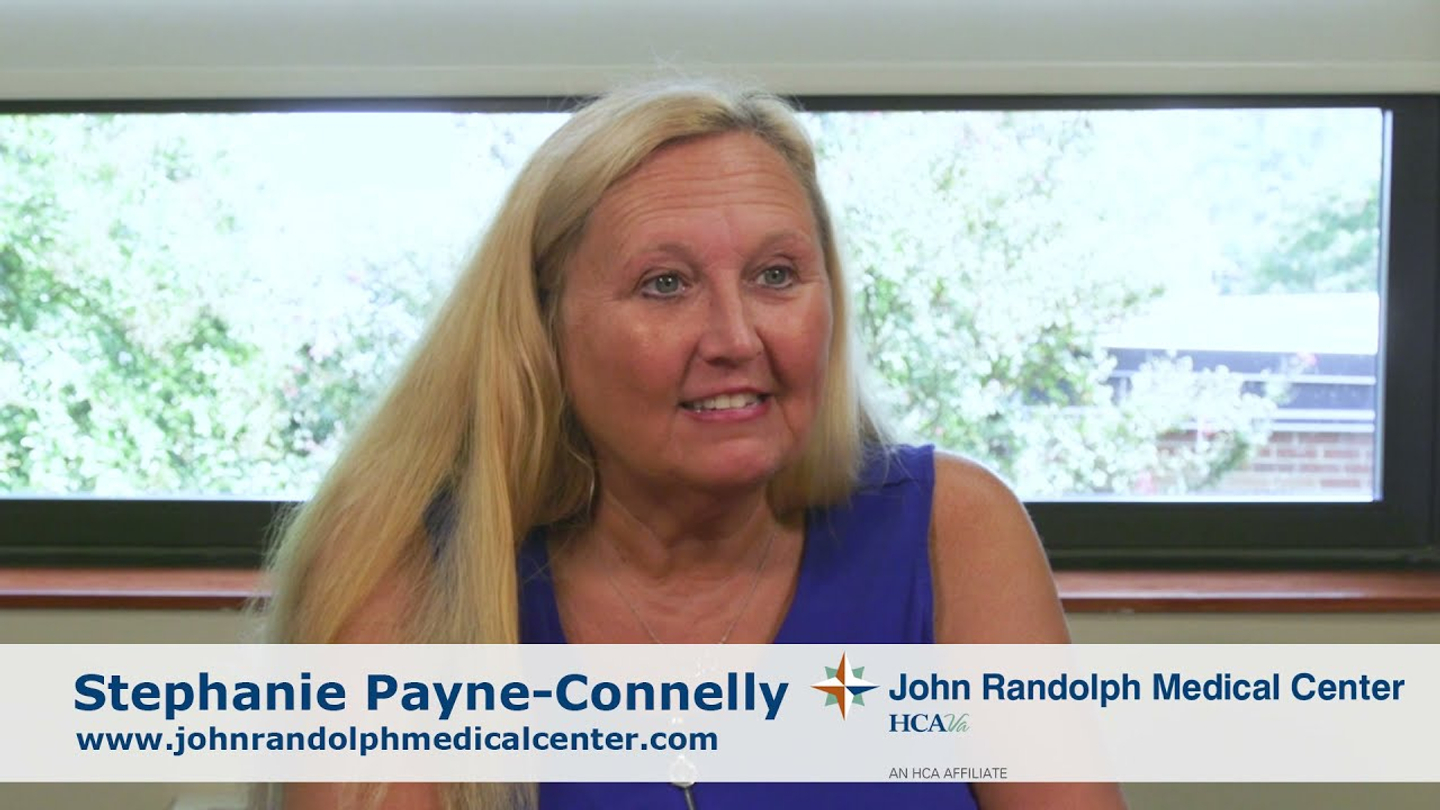 Stephanie Payne-Connelly talks about her hip replacement procedure at John Randolph Medical Center. On-screen text reads: www.johnrandolphmedicalcenter.com