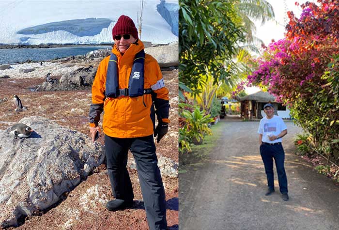 Gary Cox on his travels with a split view; left side Gary stands amidst ice and penguins in Antarctica; on the right, a tropical scene with colorful flowering trees.
