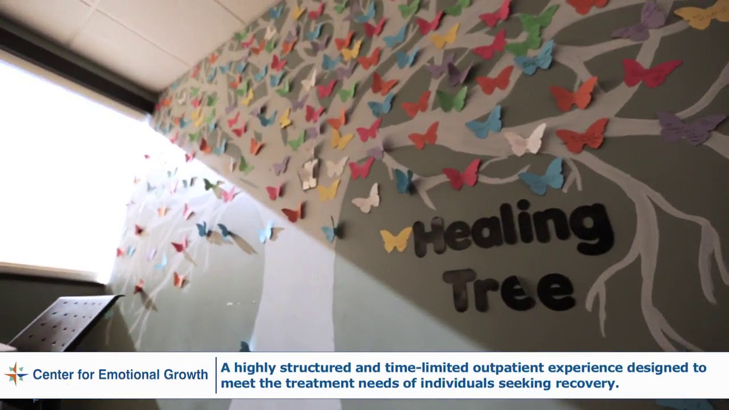 A wall in the Center for Emotional Growth that is covered with a construction paper tree and butterflies with notes that have been left by patients. Pictured text: Center for Emotional Growth. A highly structured and time-limited outpatient experience designed to meet the treatment needs of individuals seeking recovery.