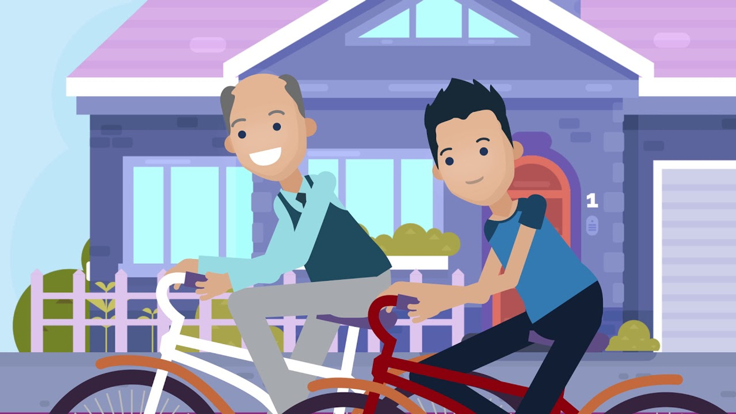 An animated older man and younger man riding bikes in front of a house
