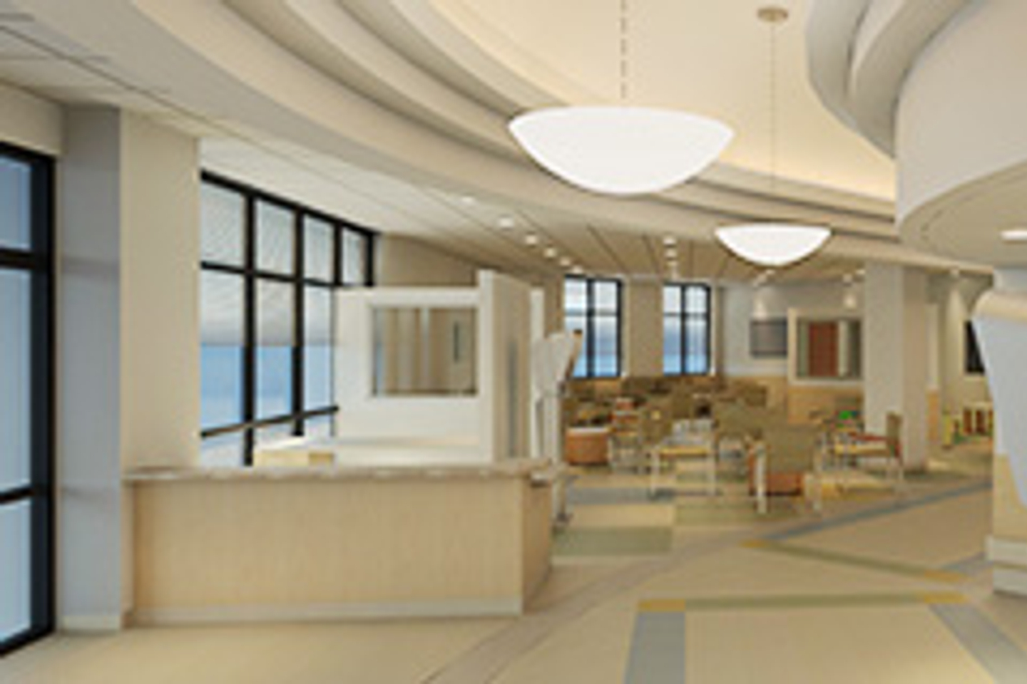 Interior of the Reston Hospital Center Emergency Room waiting area, with chairs and tables for patients to use during their visit.
